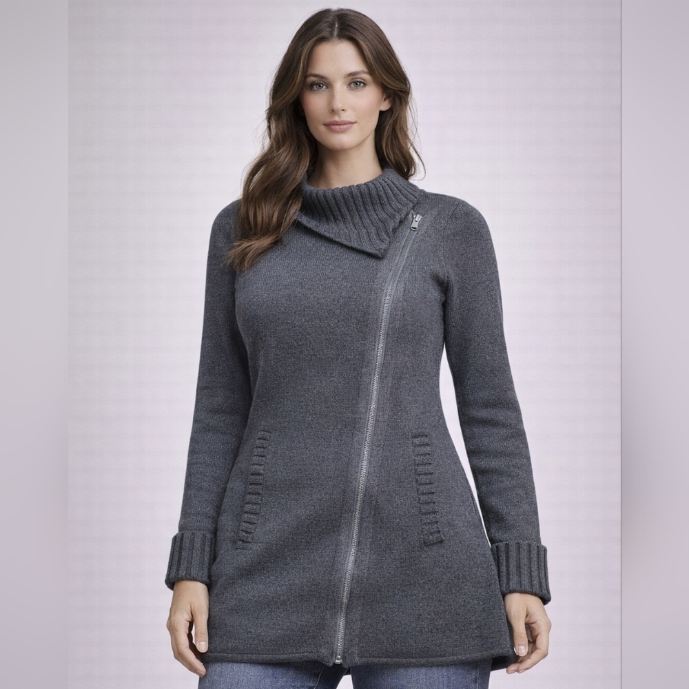 Athleta Sweater Jacket Womens Medium Gray Asym Zip Knit Longline Cardigan